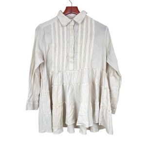 Womans Top Sz M %100 Cotton Gauze Cottage Boho Lagenlook Tiered Long Sleeve